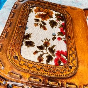 Boho Vintage tooled leather w/needle point purse